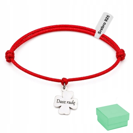 Bransoletka srebrna koniczynka z grawerem sznurek srebro 925